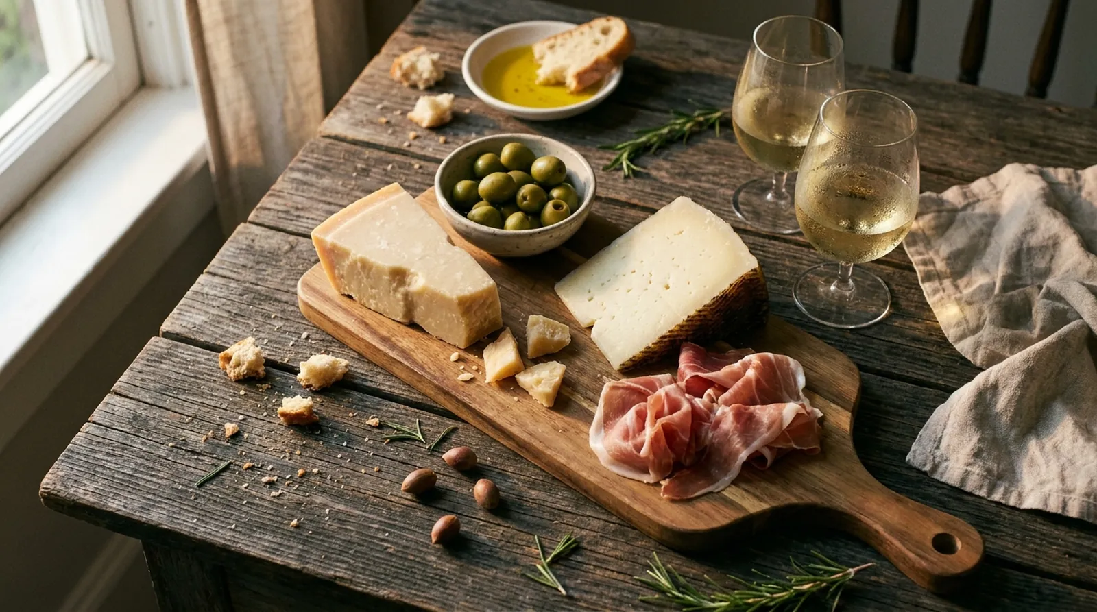 Das Brett: Käse, Wurst und Weißwein